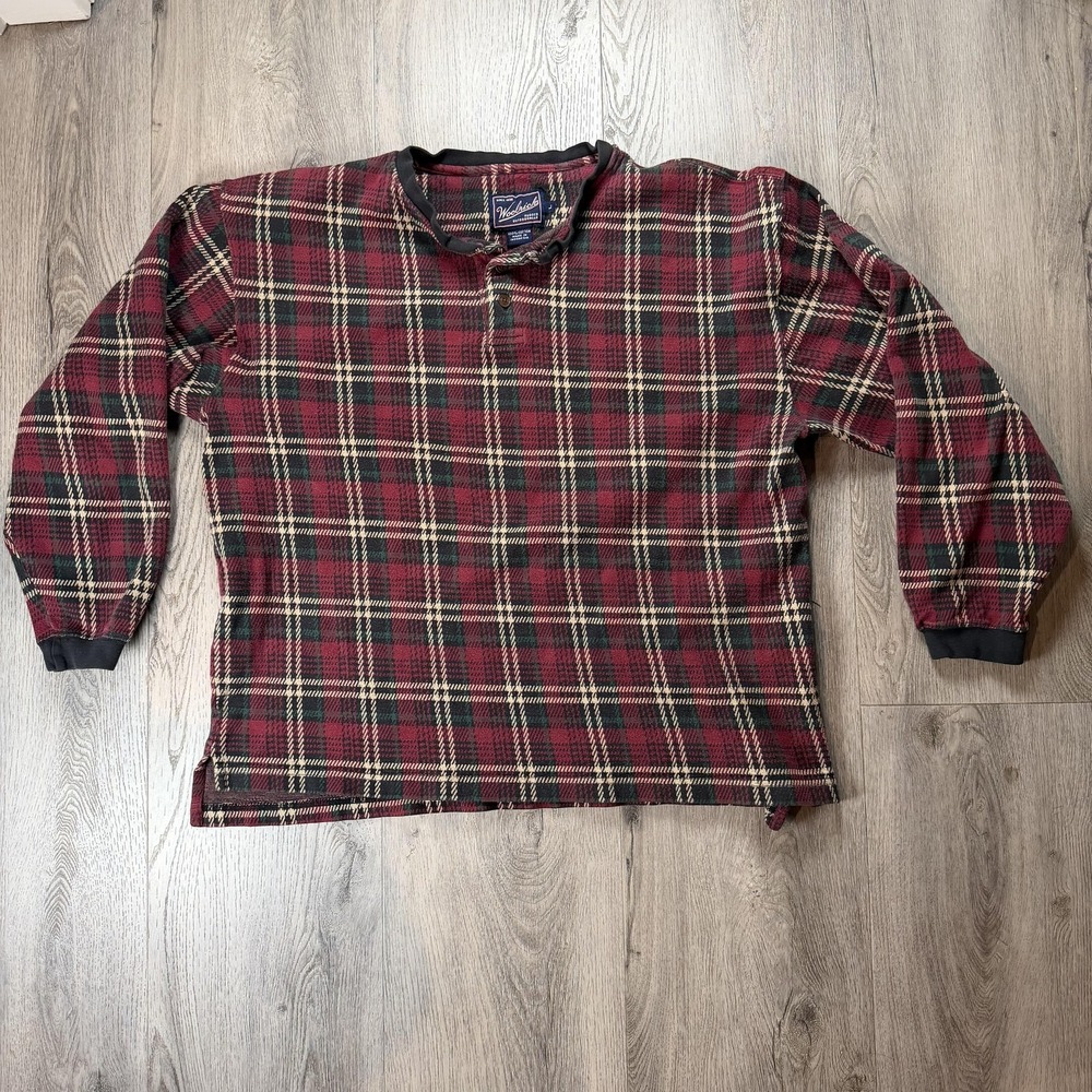 Vintage Woolrich Sweater‎ Mens Large Red Plaid Flannel Henley Rugged Outdoorwear